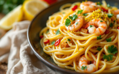 Spaghetti Aglio, Olio e Peperoncino com Camarões e um Toque Cítrico